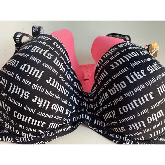 2 Pack Juicy Couture Sexy Push Up Bra JC8412 Wordplay Logo Black Pink Sz 40D NEW - Picture 5 of 9
